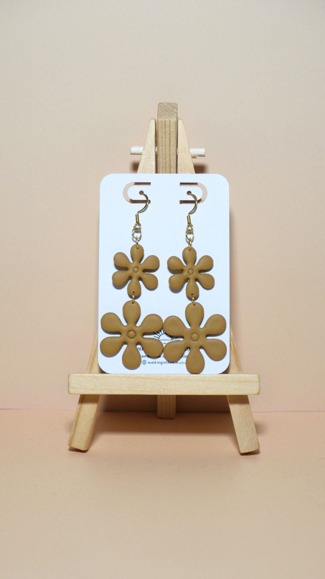 Handmade flower stack polymer clay earrings in mustard yellow