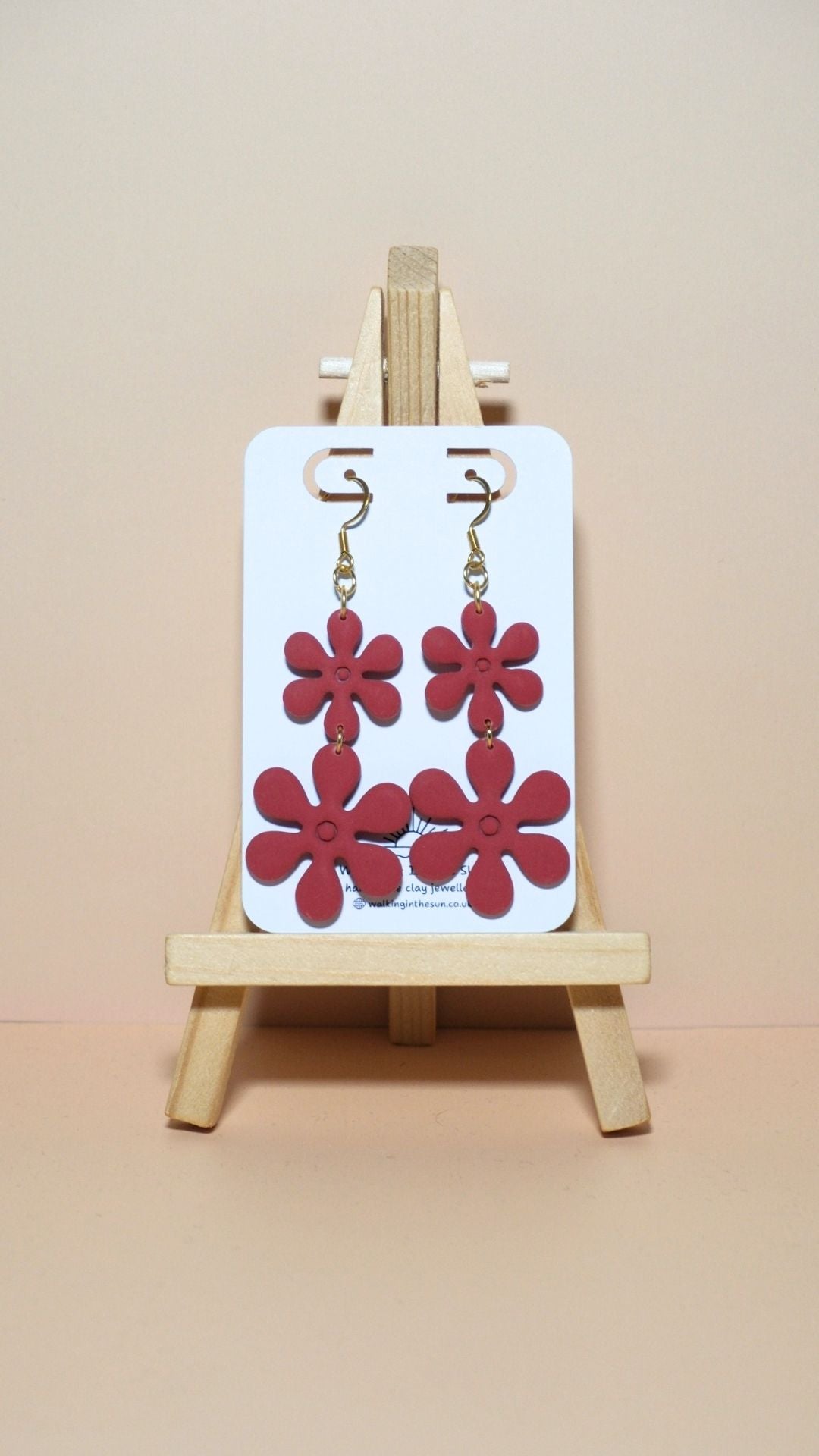 Handmade flower stack polymer clay earrings in strawberry red