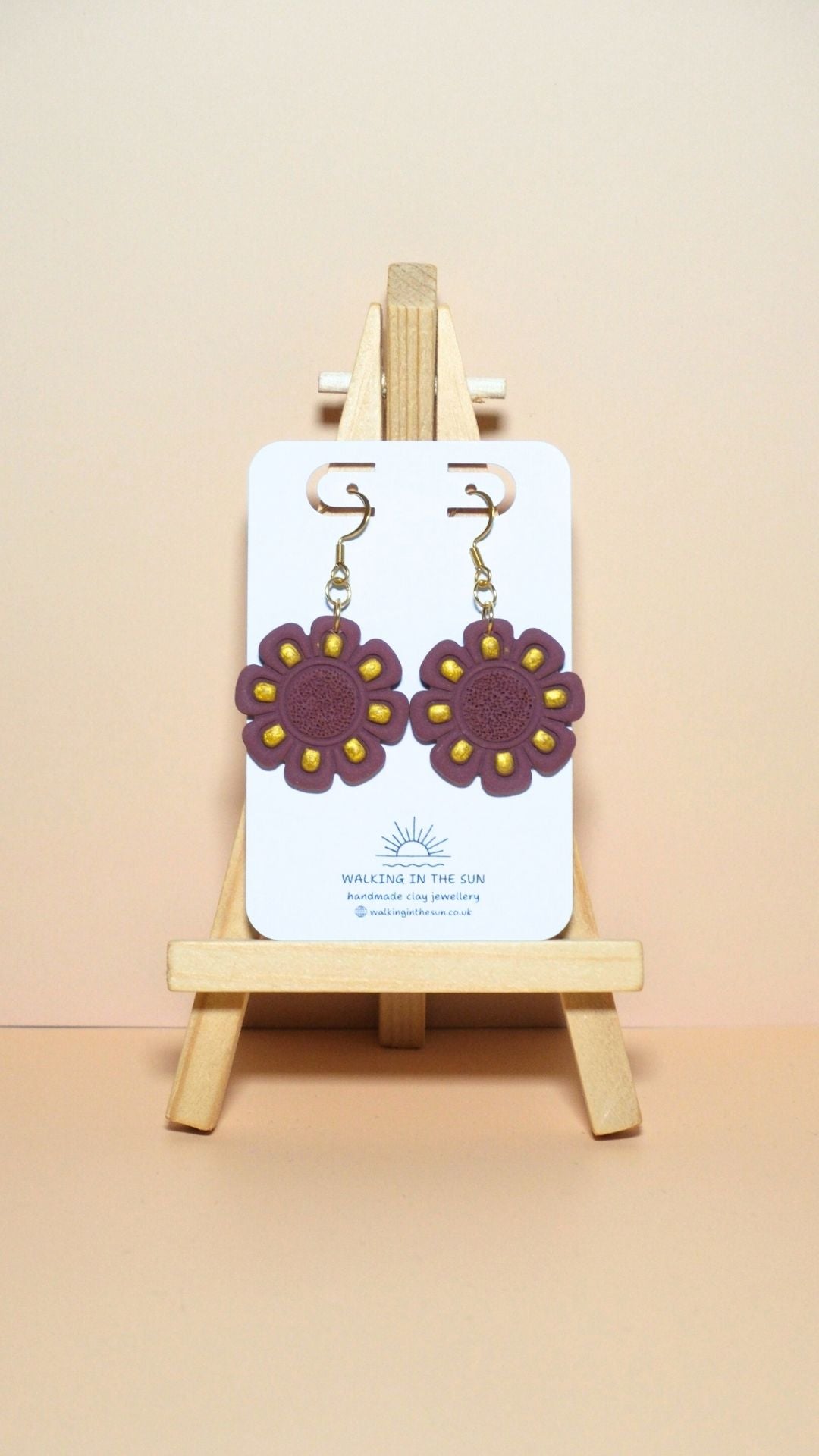 Handmade flower with gold detailing polymer clay earrings in berry red
