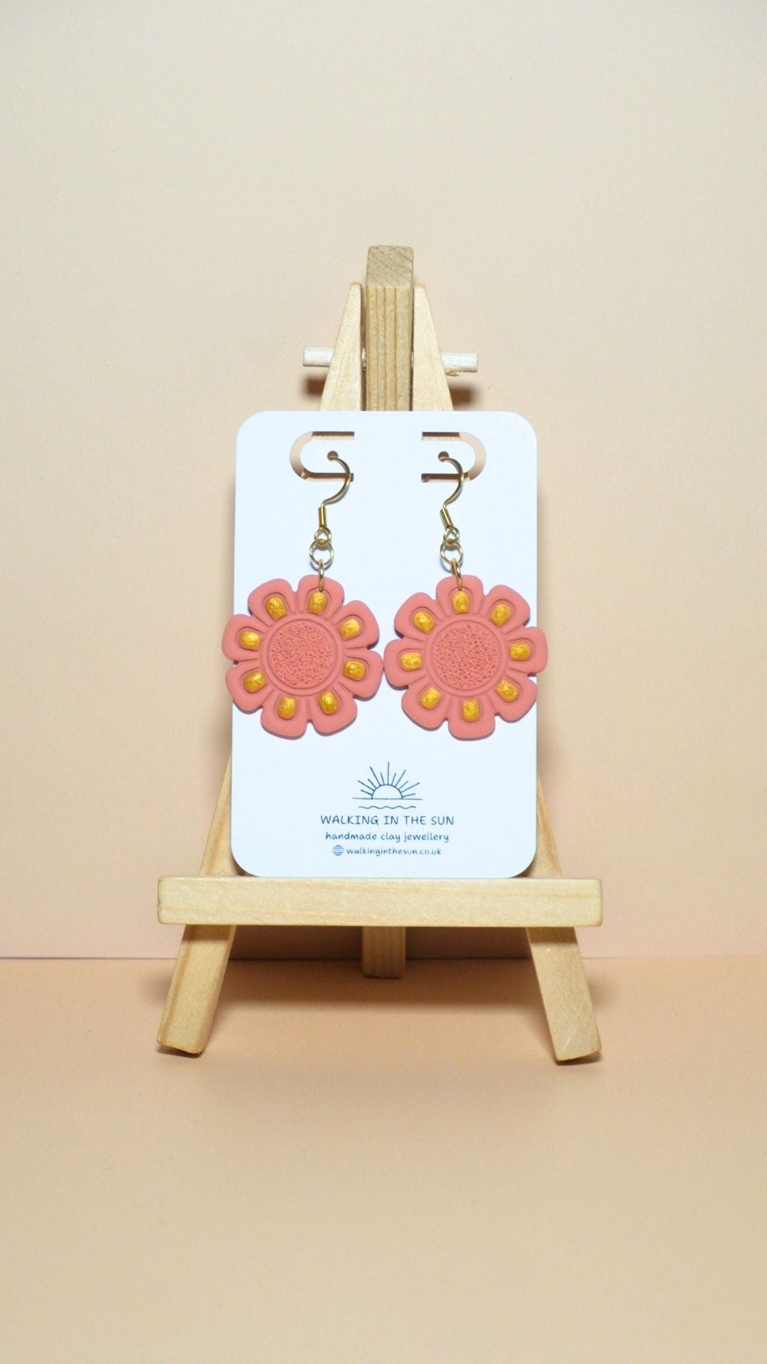 Handmade flower with gold detailing polymer clay earrings in coral pink