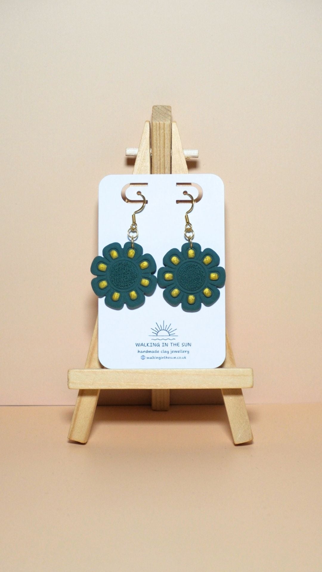 Handmade flower with gold detailing polymer clay earrings in forest green