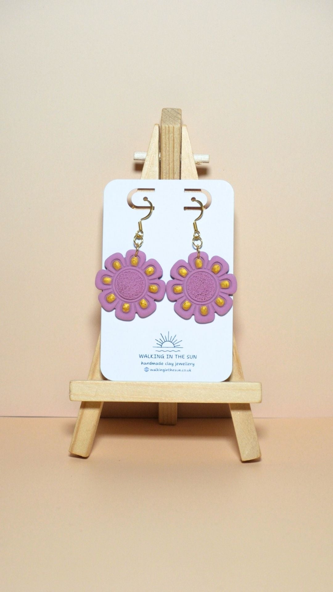 Handmade flower with gold detailing polymer clay earrings in magnolia pink
