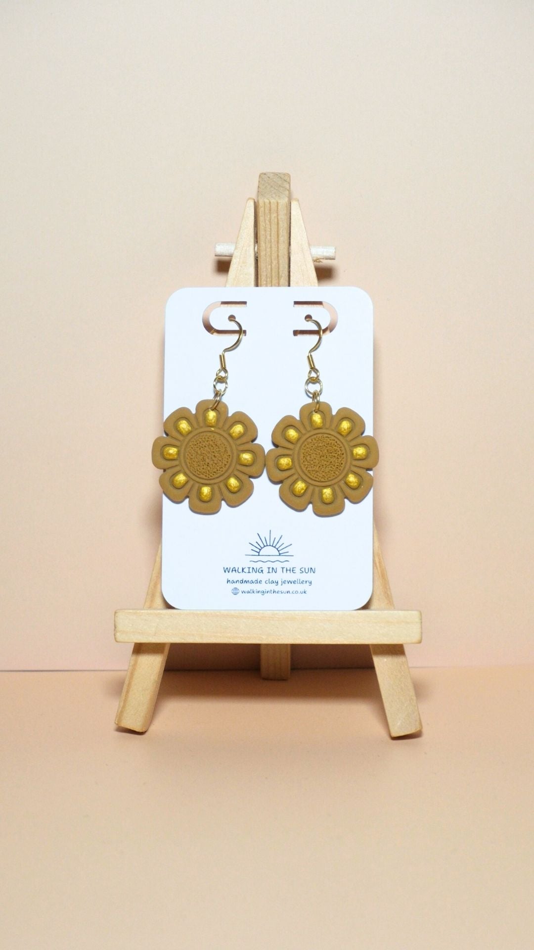 Handmade flower with gold detailing polymer clay earrings in mustard yellow