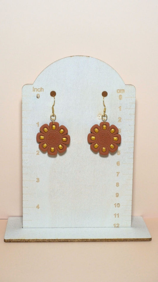 Handmade flower with gold detailing polymer clay earrings size guide showing scale and measurements – Autumn collection