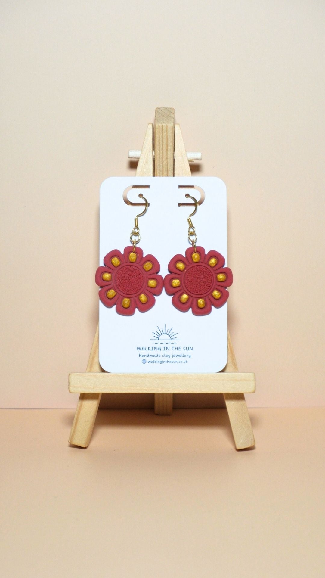 Handmade flower with gold detailing polymer clay earrings in strawberry red