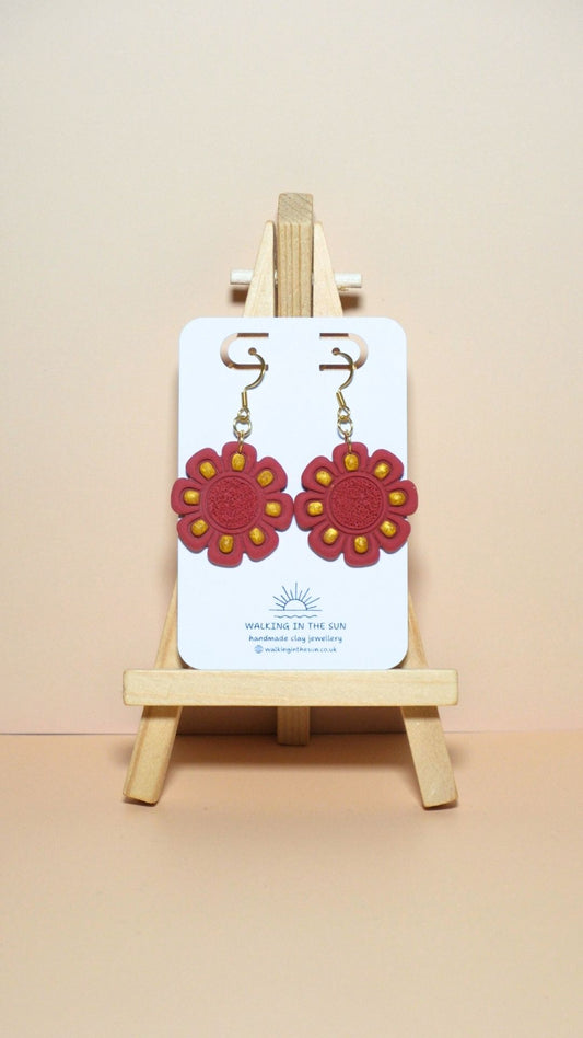 Handmade flower with gold detailing polymer clay earrings in strawberry red