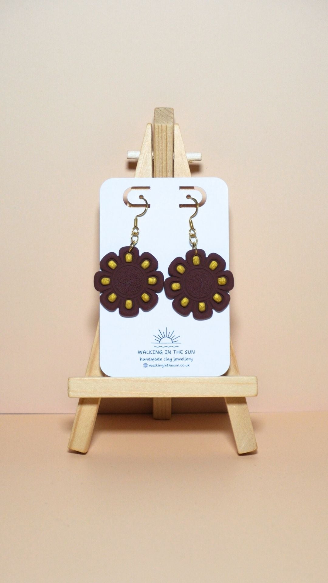 Handmade flower with gold detailing polymer clay earrings in wine red