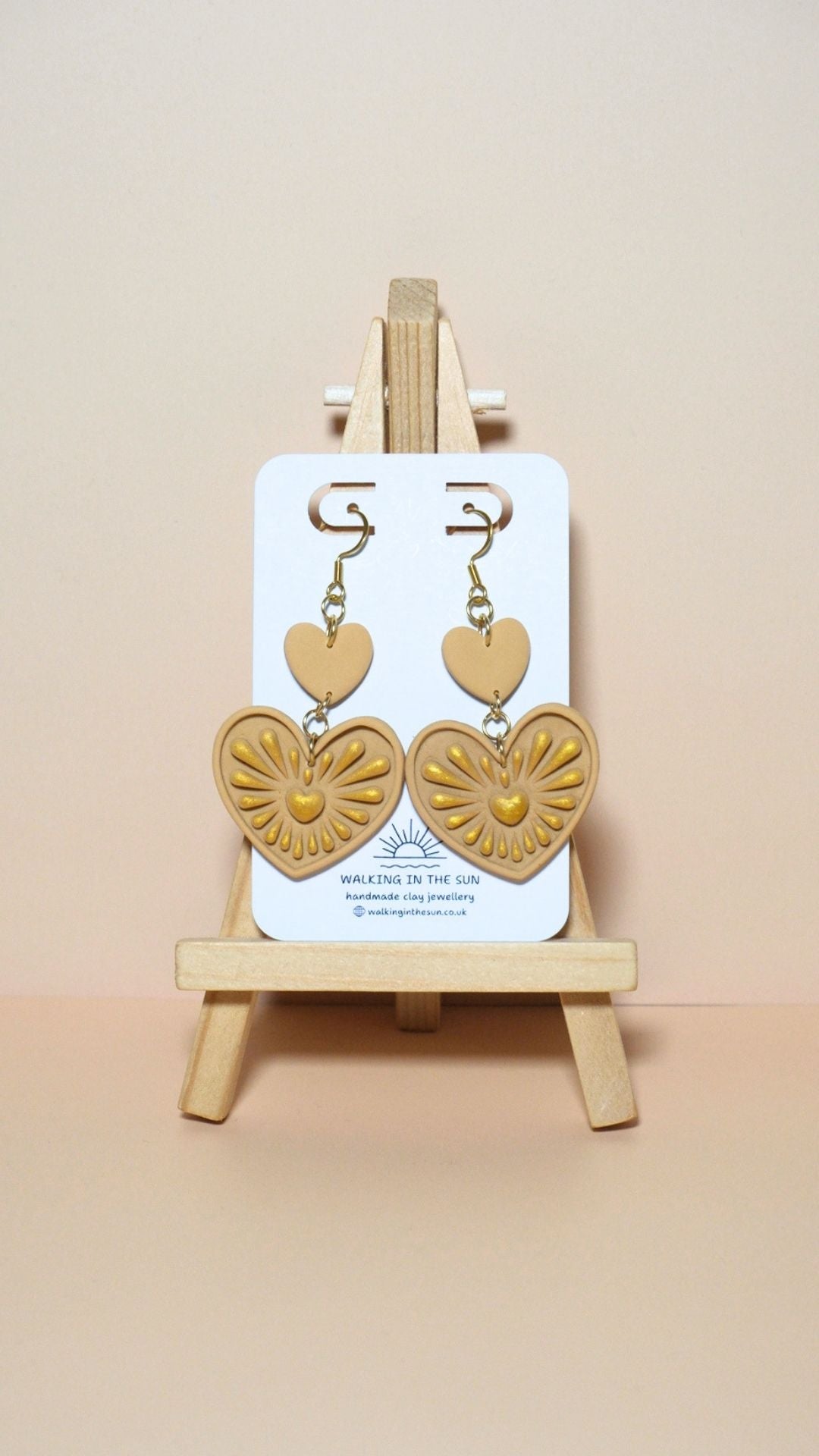 Handmade heart with gold detailing polymer clay earrings in daffodil yellow
