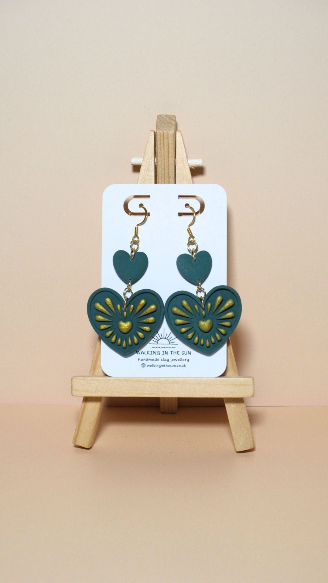 Handmade heart with gold detailing polymer clay earrings in forest green