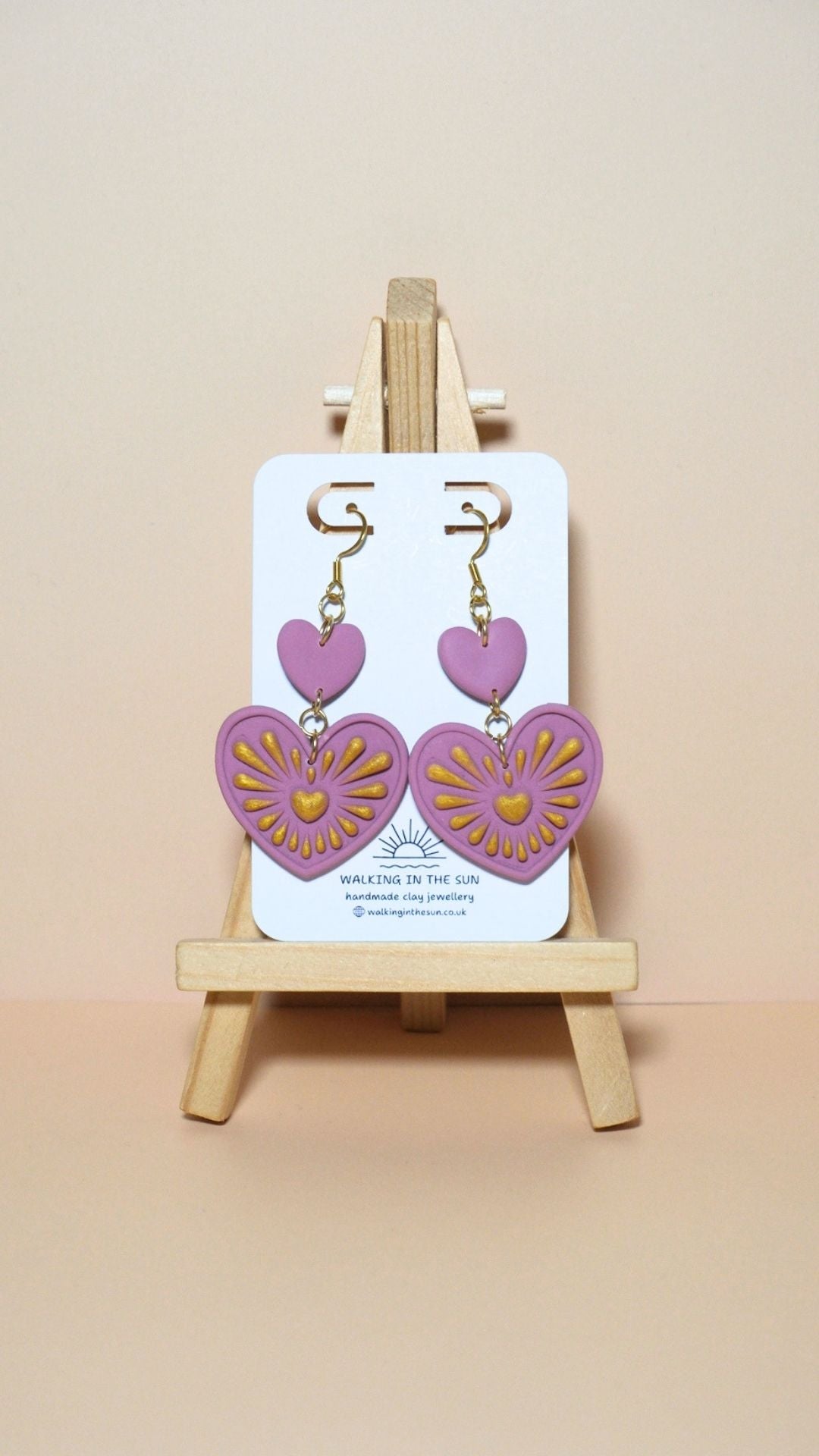 Handmade heart with gold detailing polymer clay earrings in magnolia pink