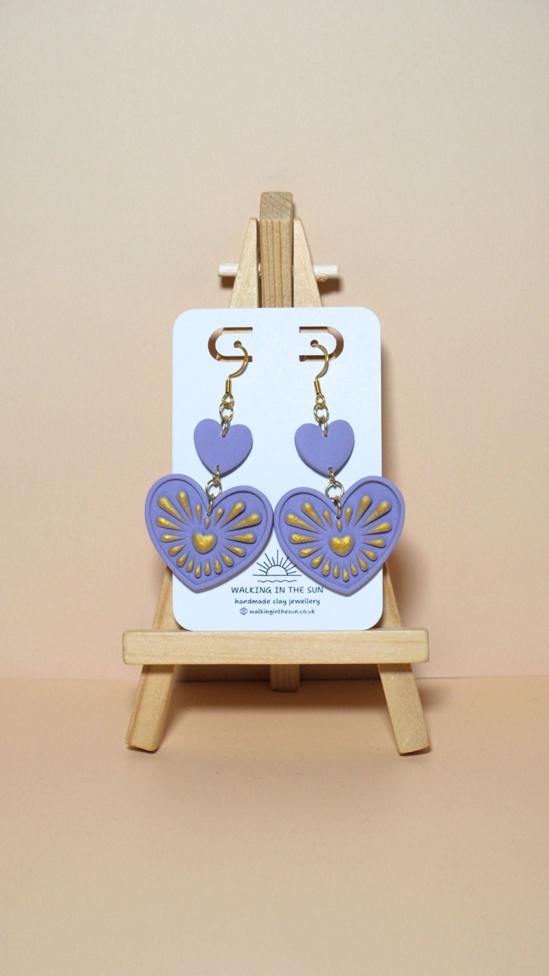 Handmade heart with gold detailing polymer clay earrings in orchid lilac