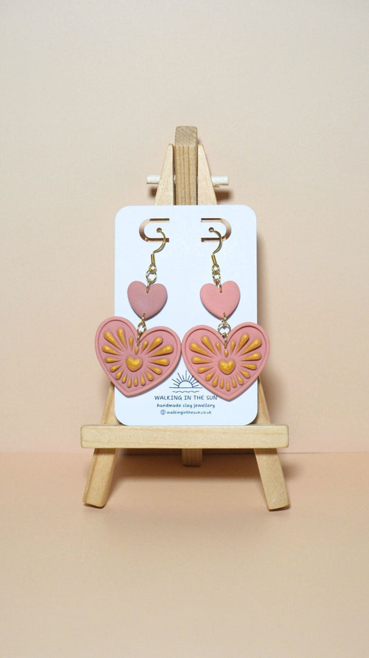 Handmade heart with gold detailing polymer clay earrings in peach orange