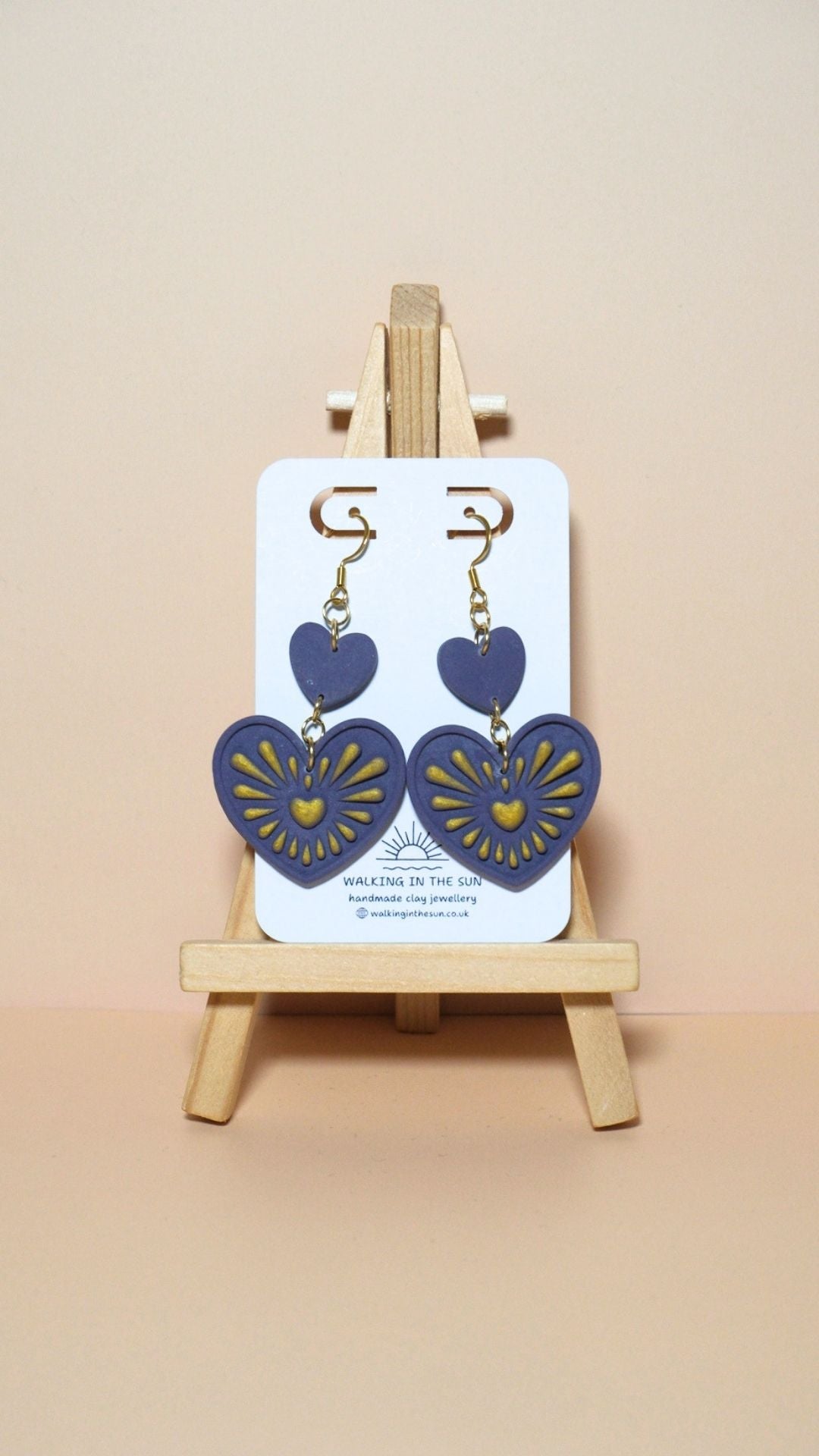 Handmade heart with gold detailing polymer clay earrings in plum purple