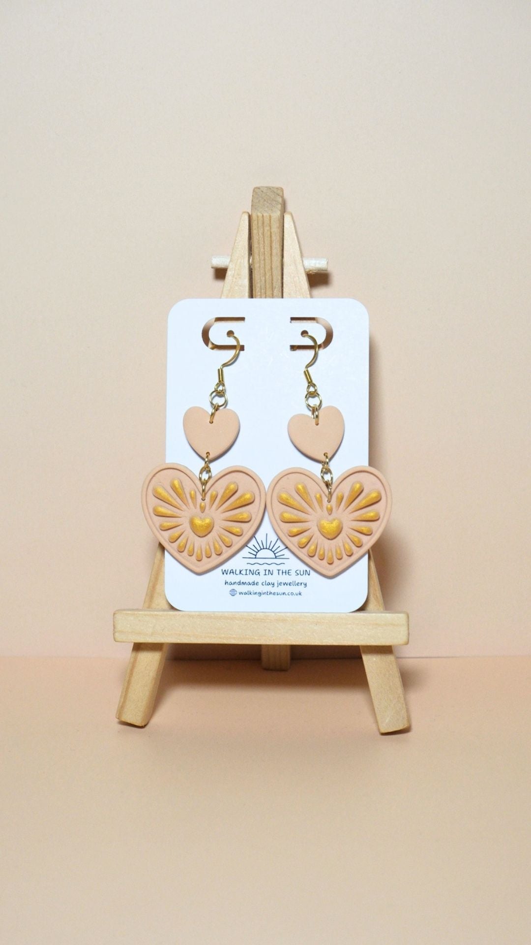 Handmade heart with gold detailing polymer clay earrings in sandy beige