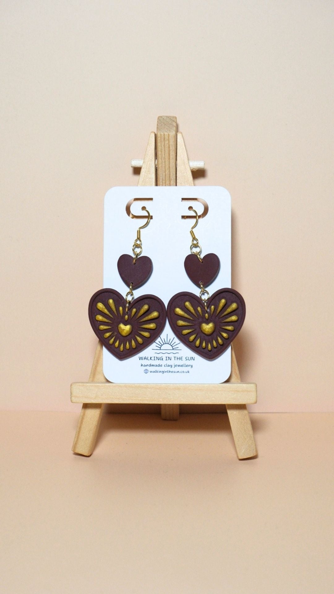 Handmade heart with gold detailing polymer clay earrings in wine red