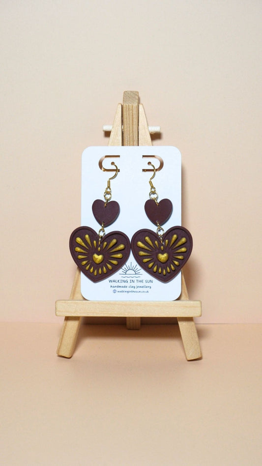 Handmade heart with gold detailing polymer clay earrings in wine red