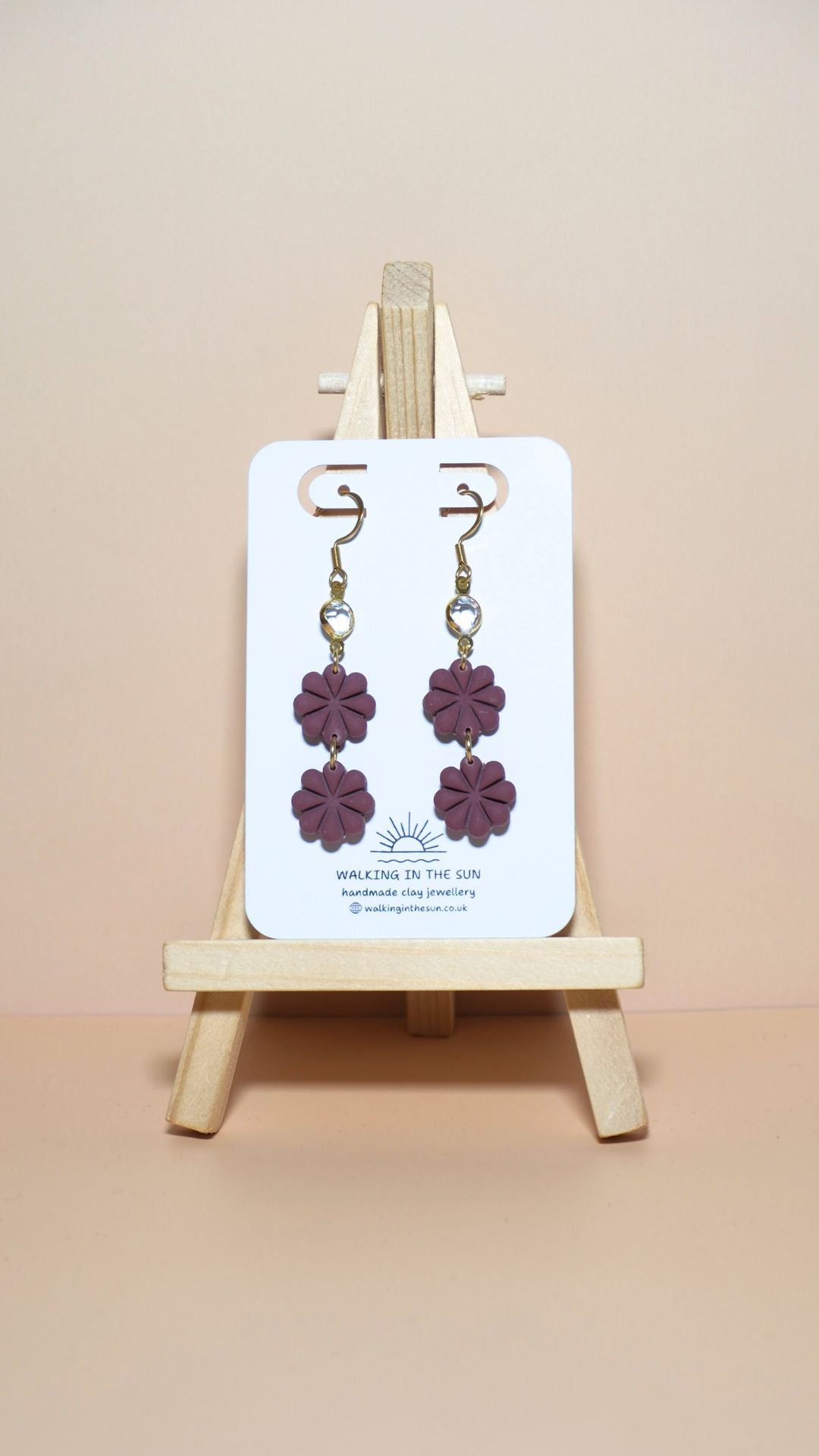 Handmade petite flower stack with gem polymer clay earrings in berry red