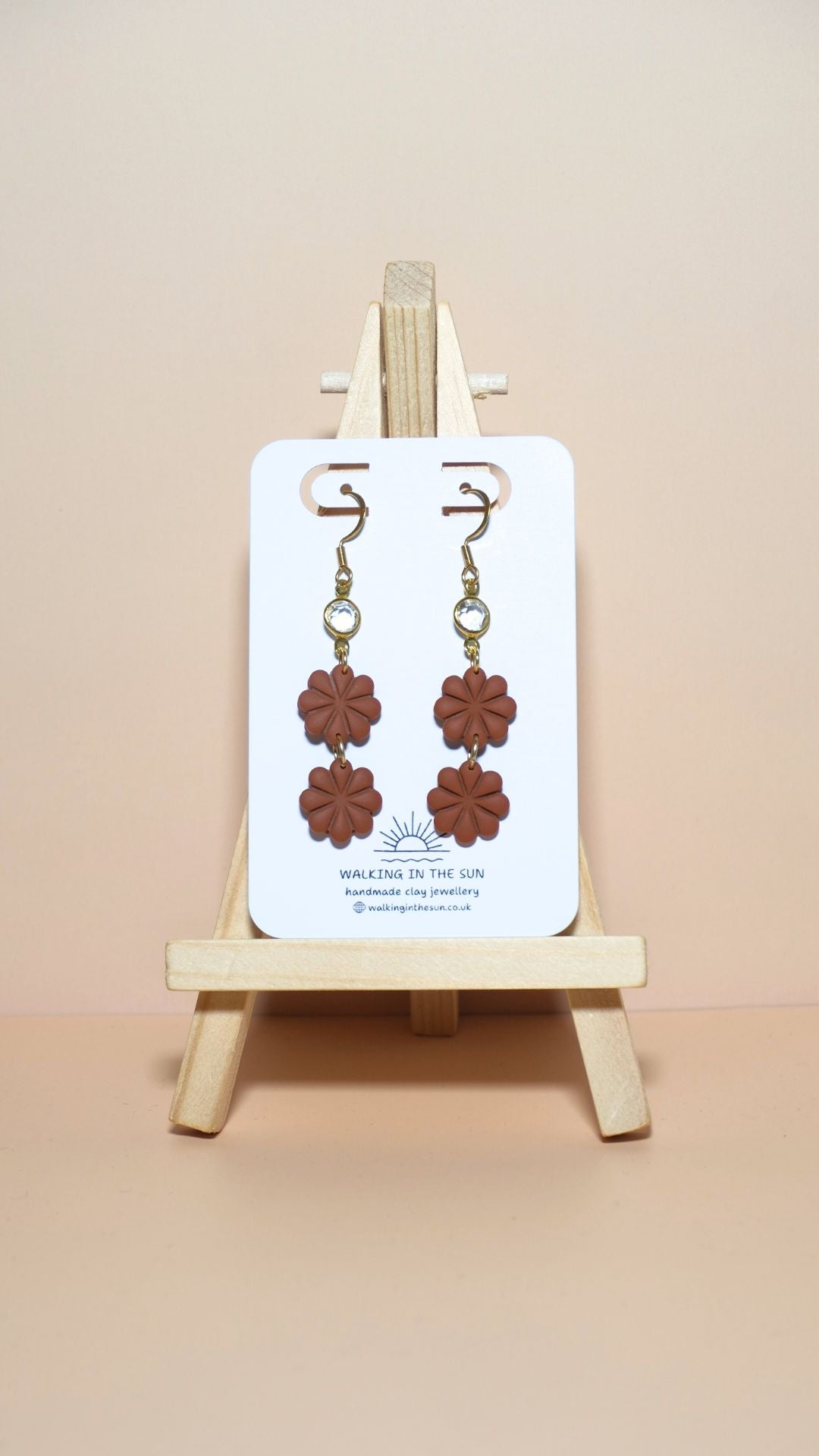 Handmade petite flower stack with gem polymer clay earrings in burnt orange