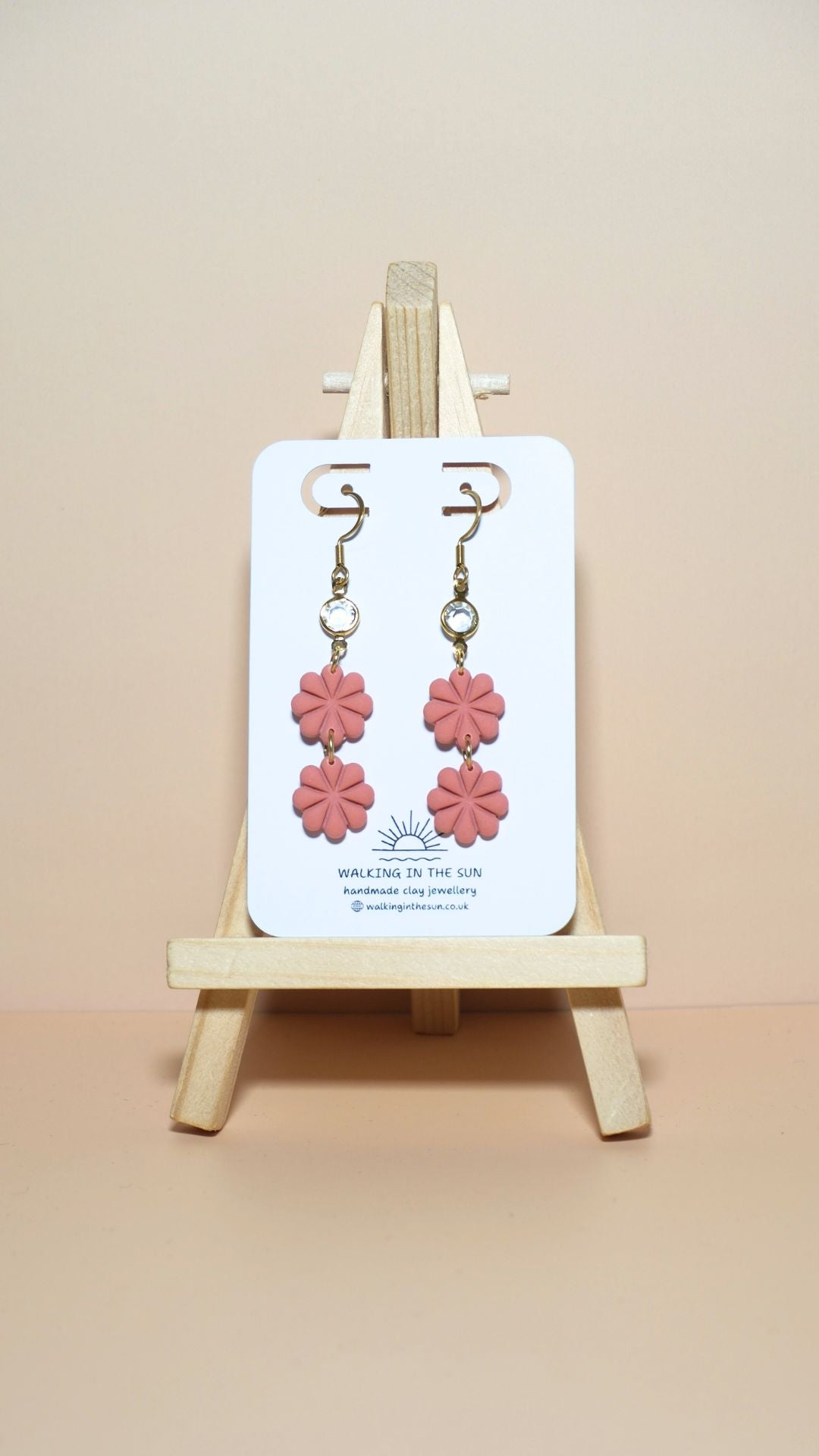 Handmade petite flower stack with gem polymer clay earrings in coral pink
