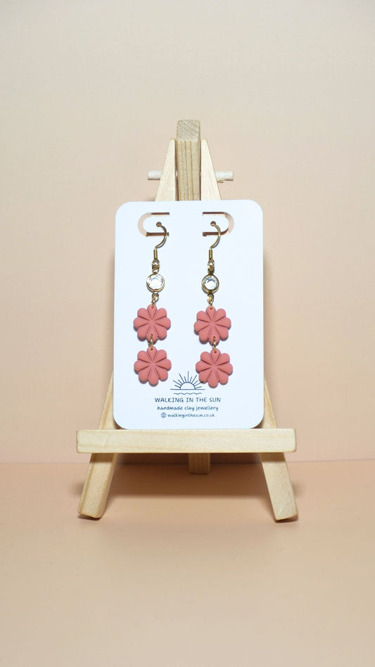 Handmade petite flower stack with gem polymer clay earrings in coral pink