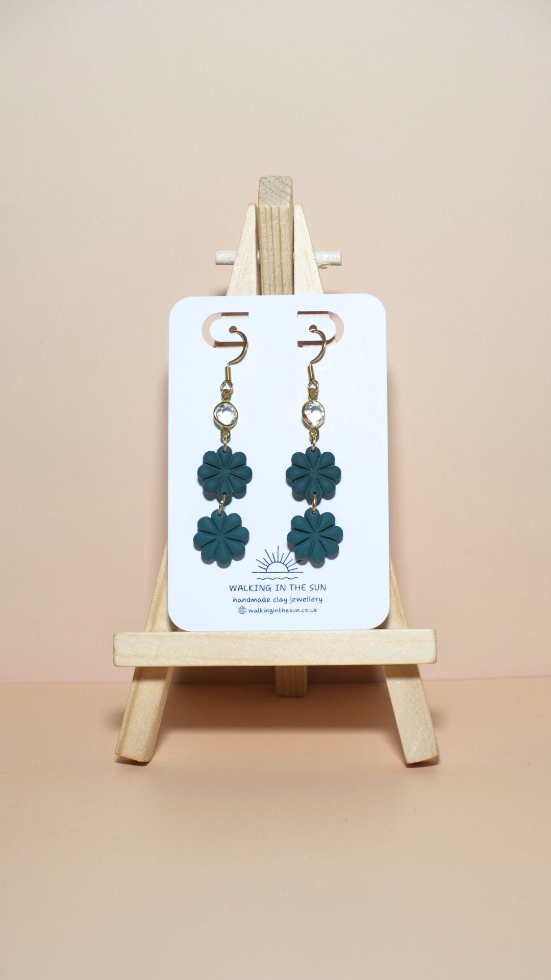 Handmade petite flower stack with gem polymer clay earrings in forest green