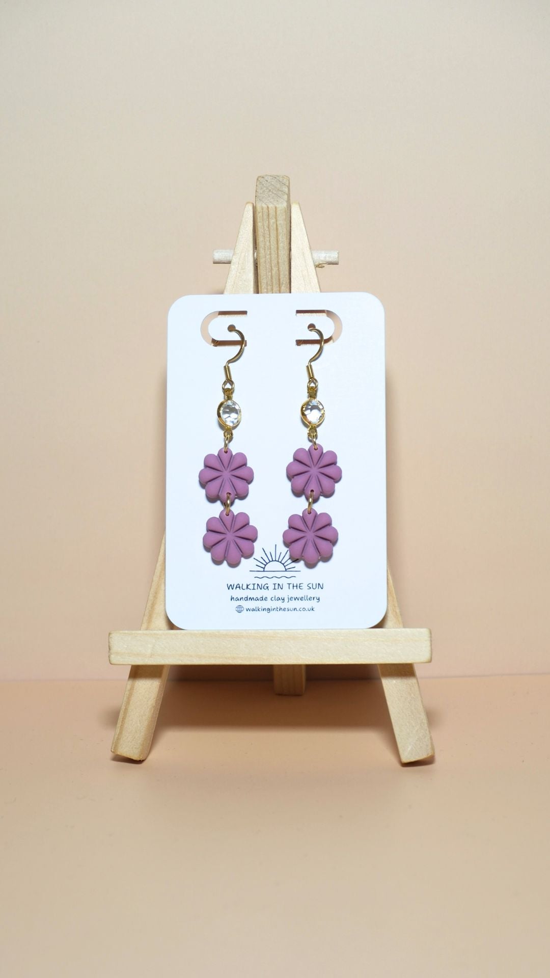 Handmade petite flower stack with gem polymer clay earrings in magnolia pink