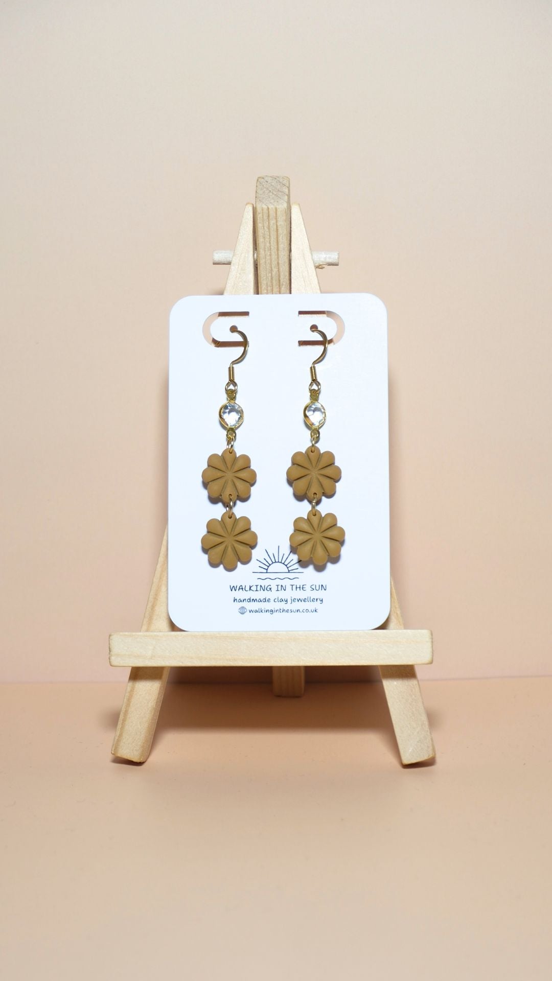 Handmade petite flower stack with gem polymer clay earrings in mustard yellow