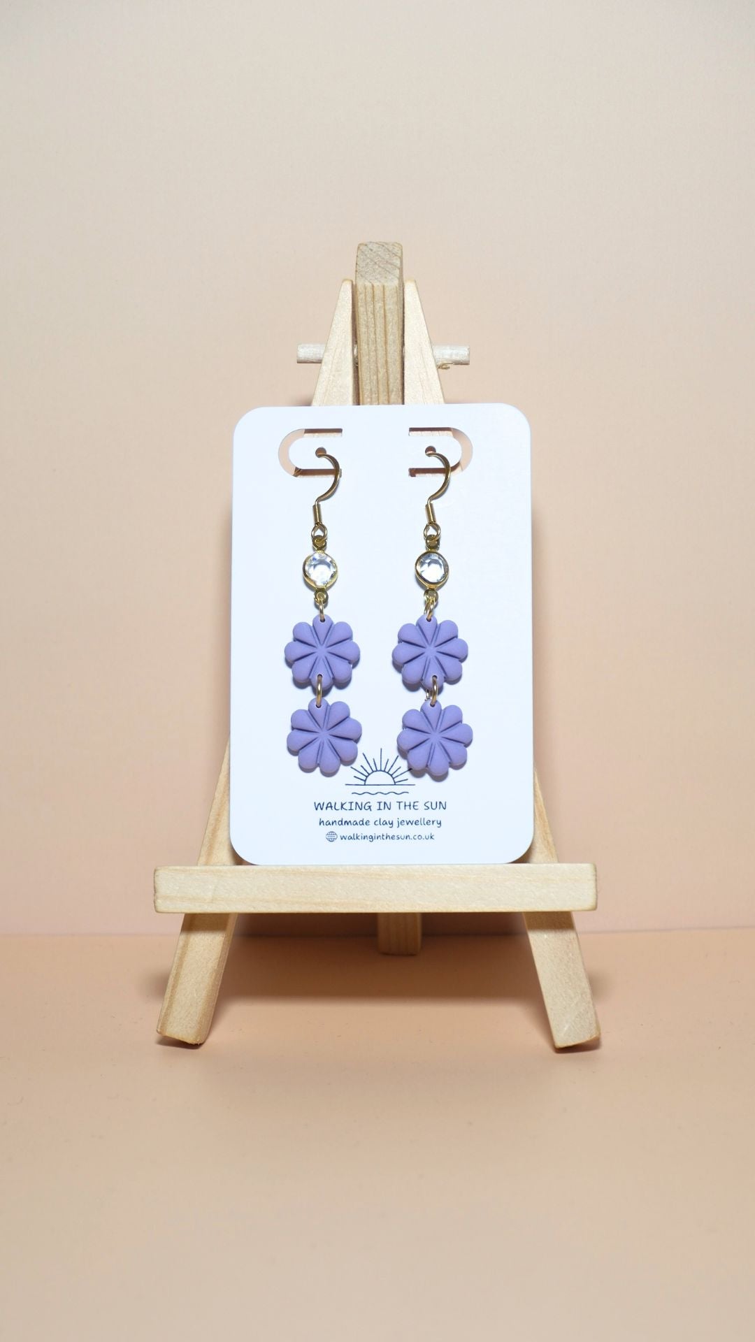 Handmade petite flower stack with gem polymer clay earrings in orchid lilac