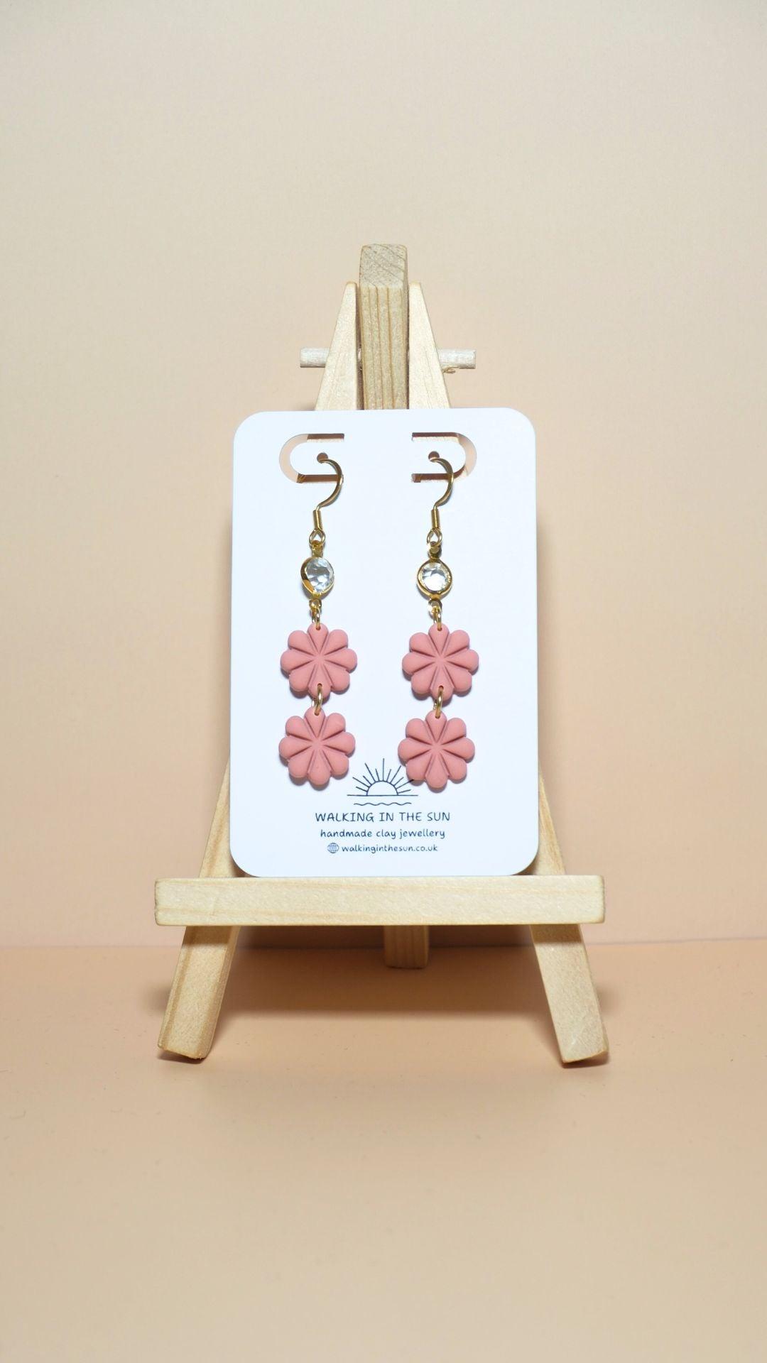 Handmade petite flower stack with gem polymer clay earrings in peach orange