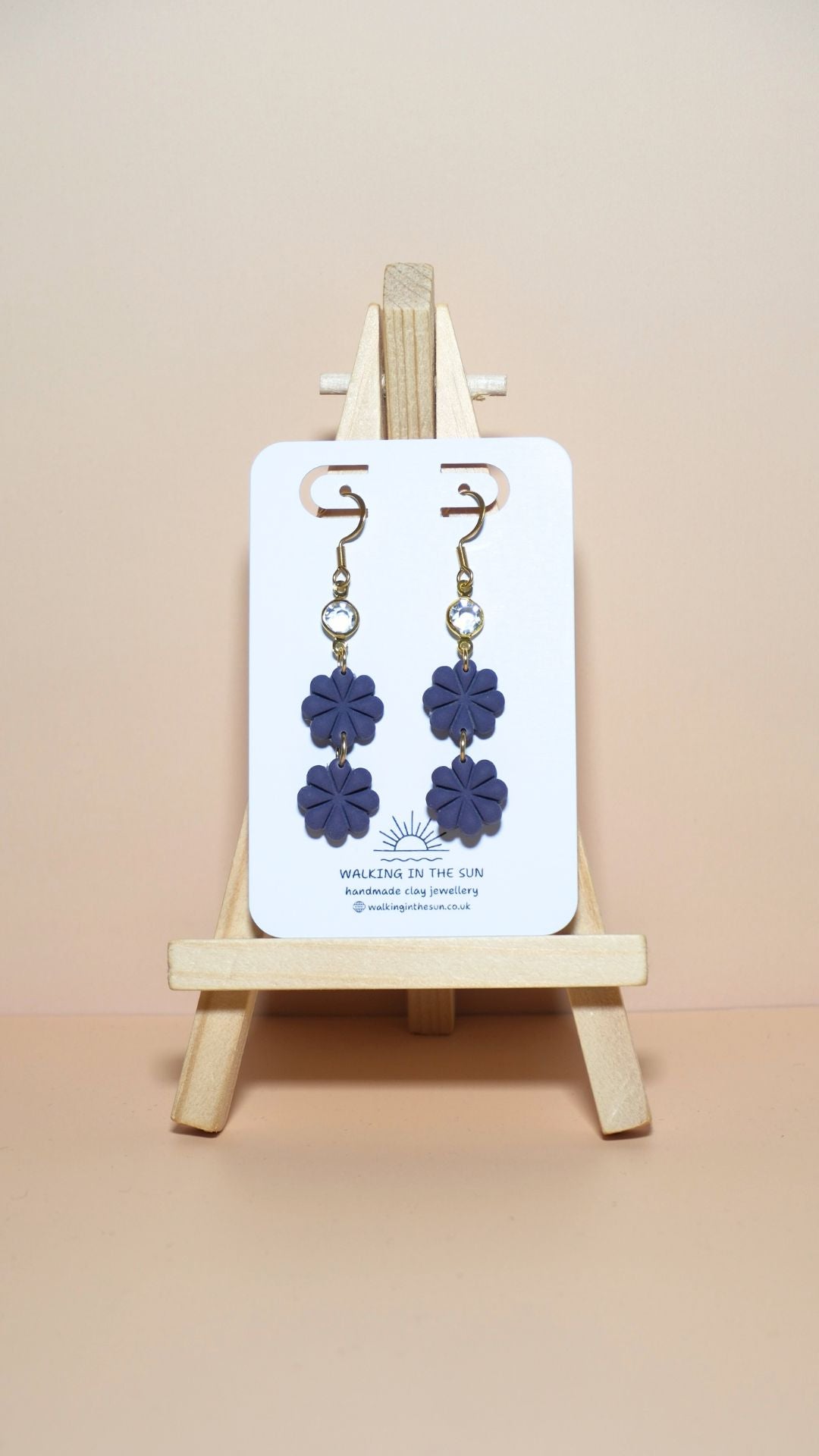 Handmade petite flower stack with gem polymer clay earrings in plum purple