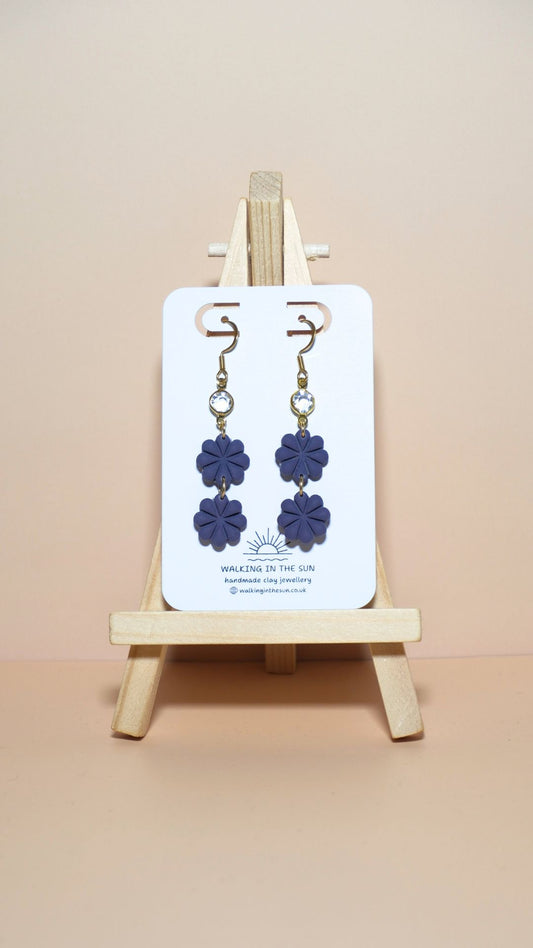 Handmade petite flower stack with gem polymer clay earrings in plum purple