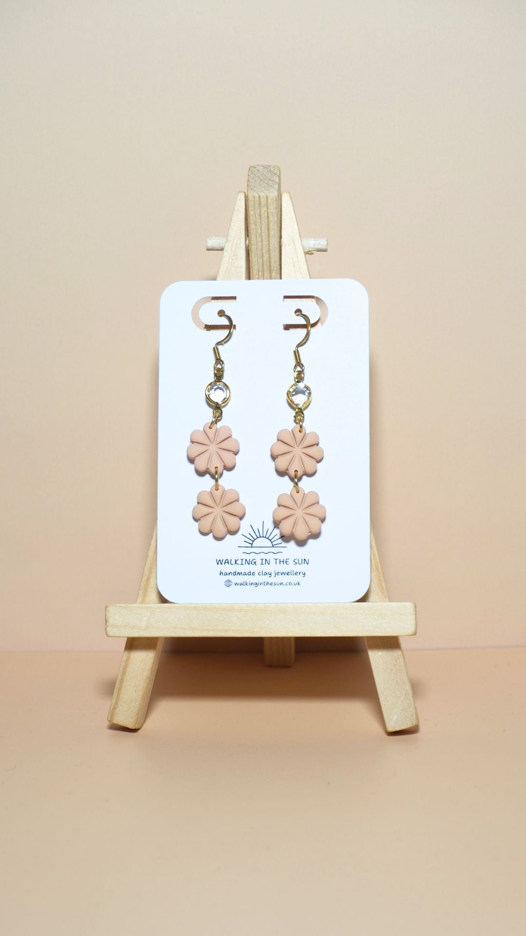 Handmade petite flower stack with gem polymer clay earrings in sandy beige