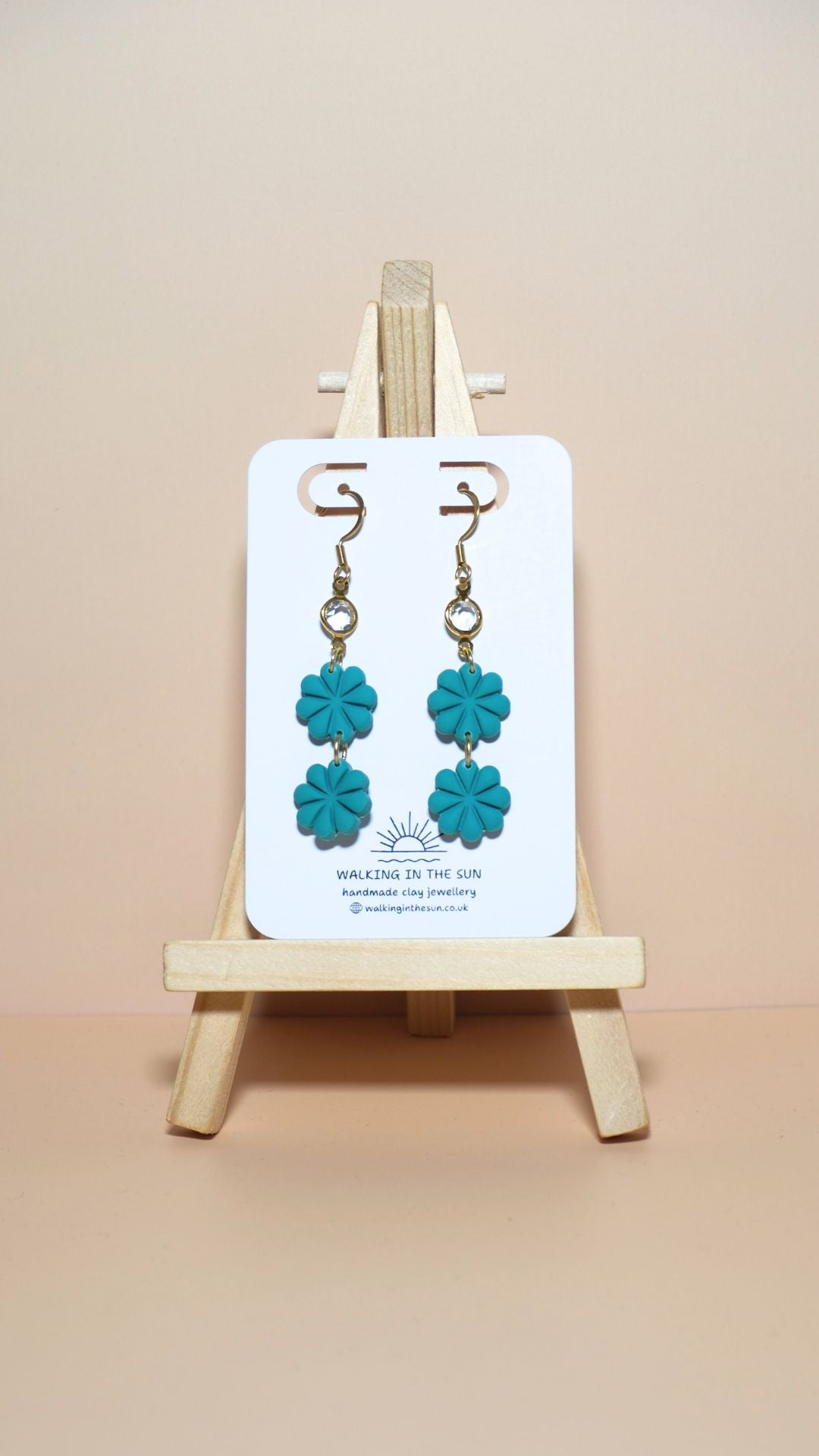 Handmade petite flower stack with gem polymer clay earrings in sea blue