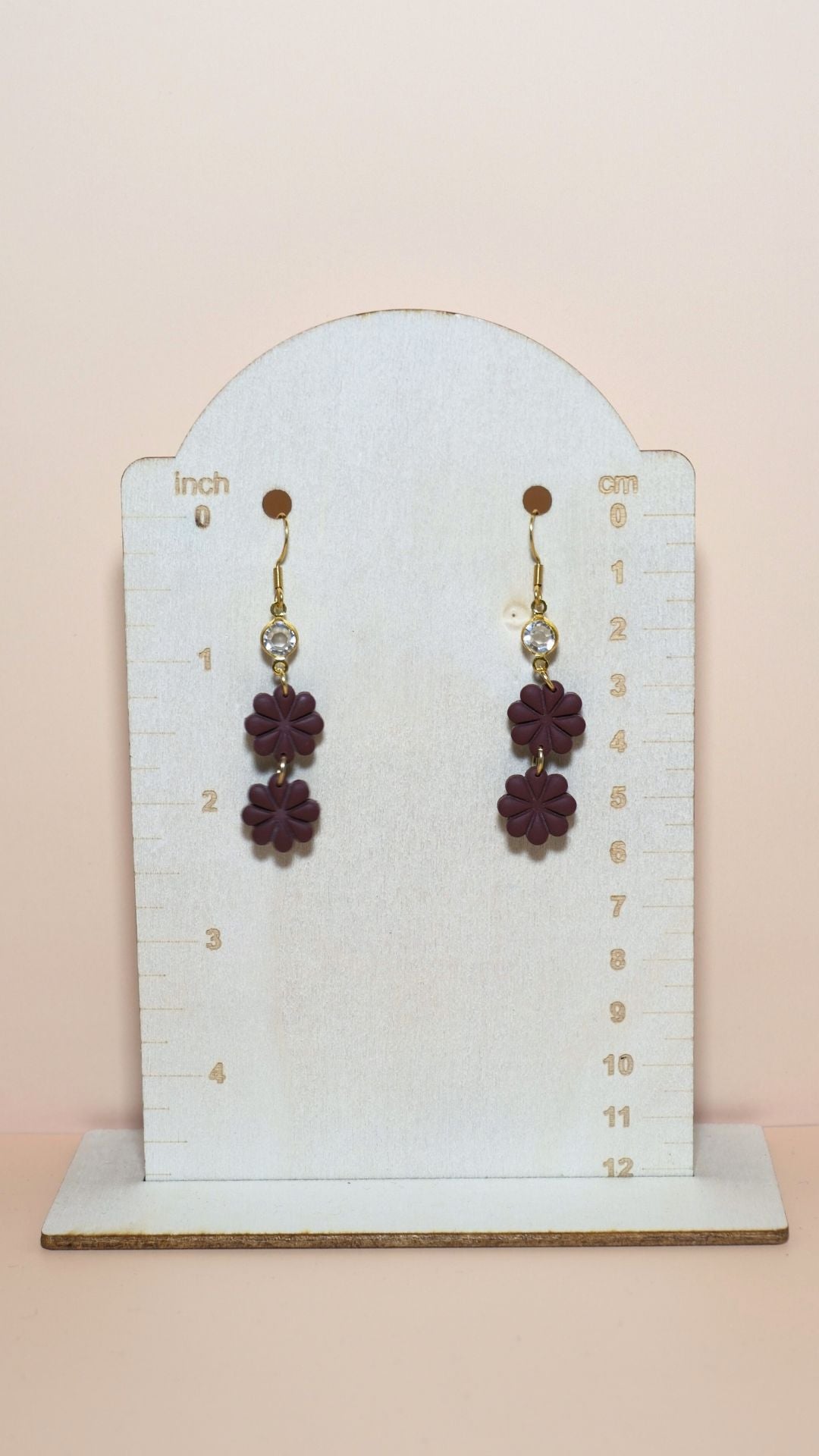 Handmade petite flower stack with gem polymer clay earrings size guide showing scale and measurements – Autumn collection