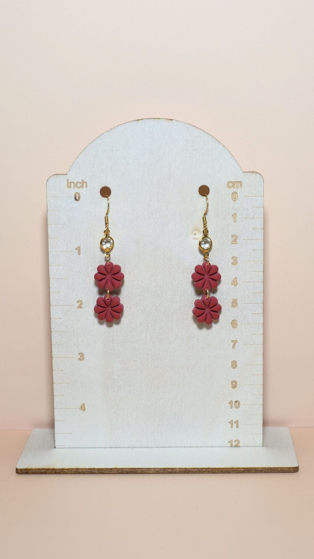 Handmade petite flower stack with gem polymer clay earrings size guide showing scale and measurements – Spring collection