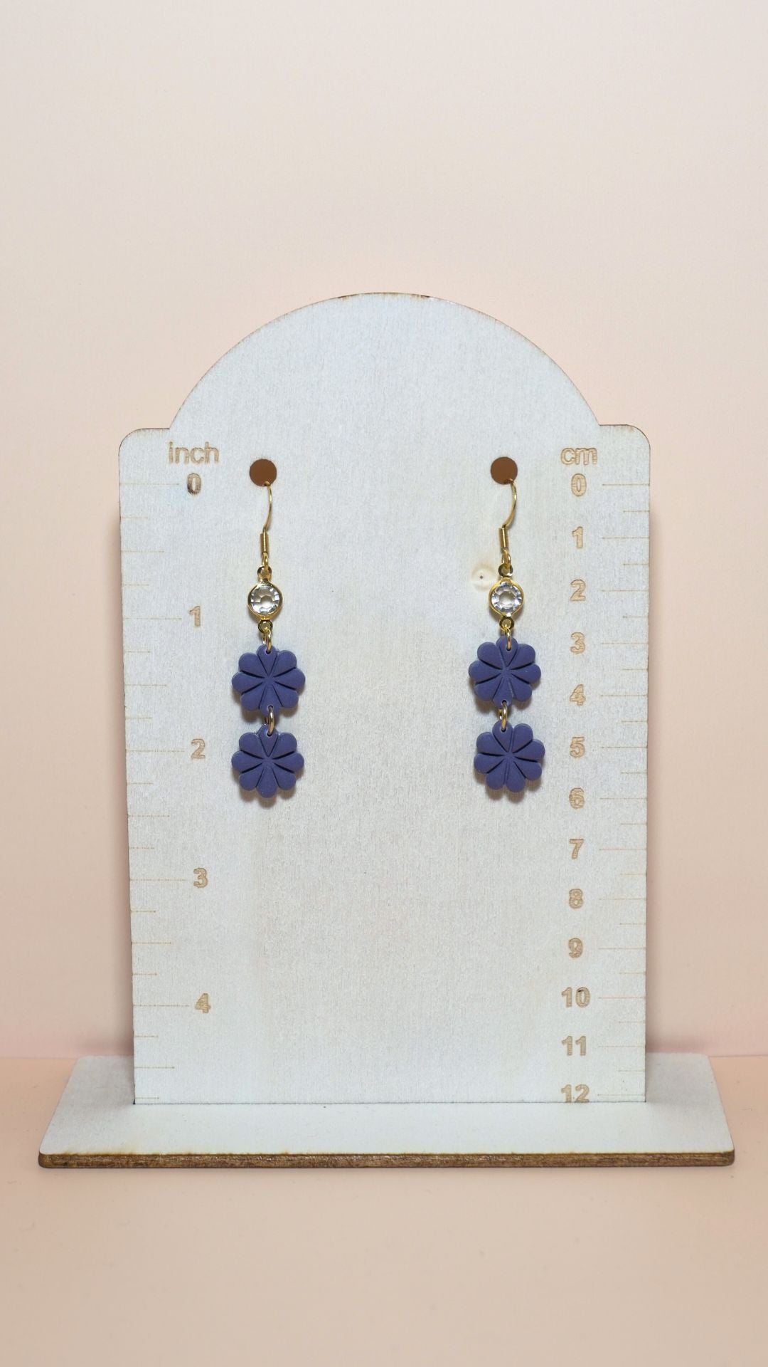 Handmade petite flower stack with gem polymer clay earrings size guide showing scale and measurements – Winter collection