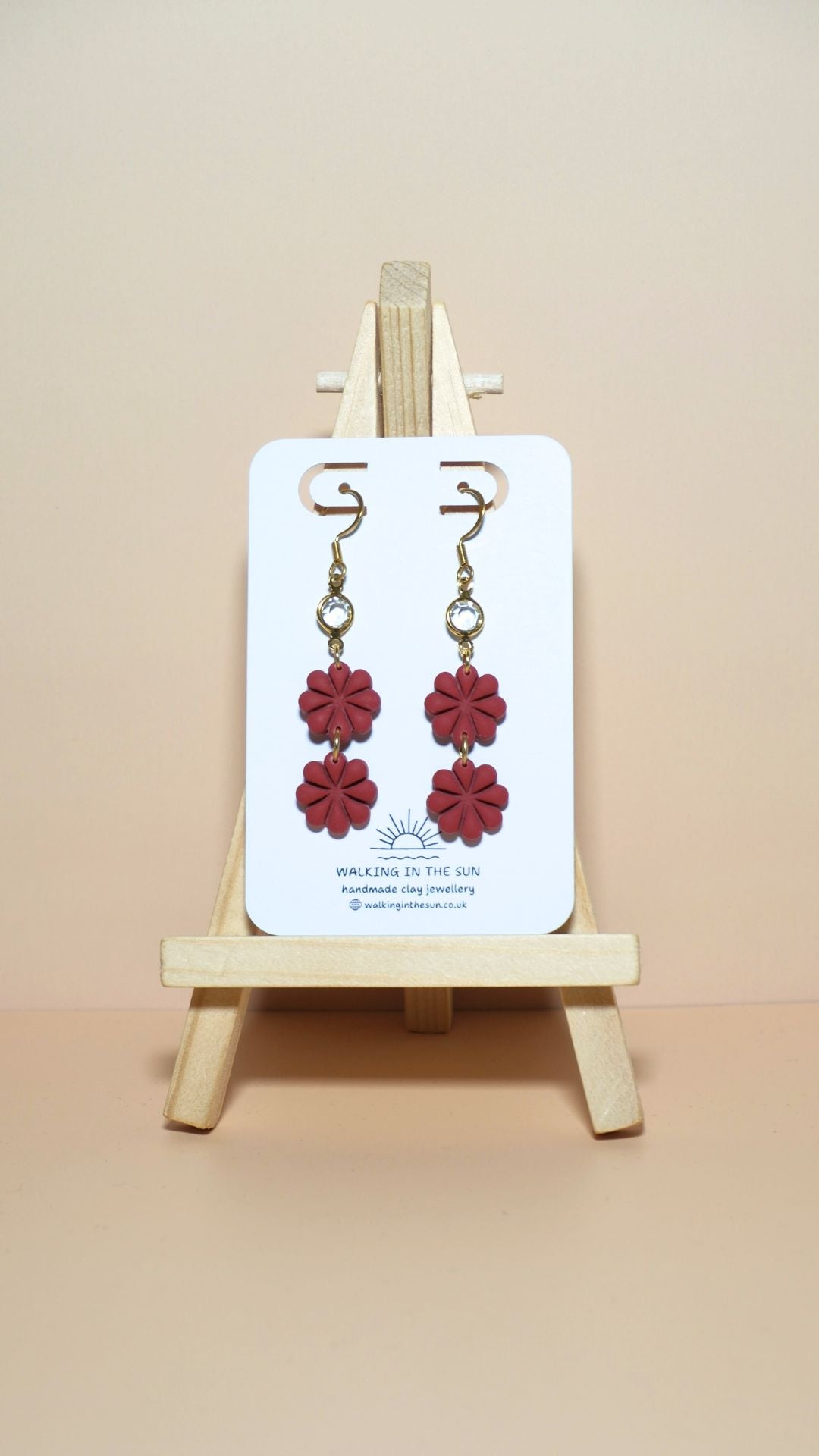 Handmade petite flower stack with gem polymer clay earrings in strawberry red
