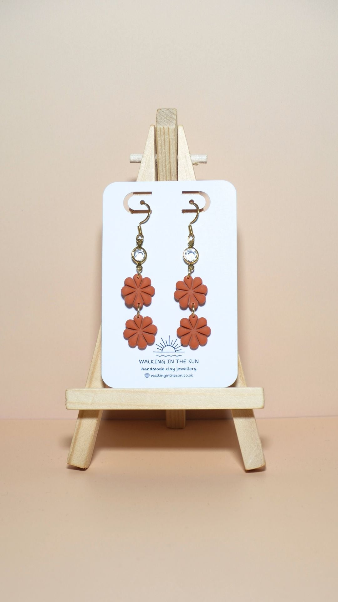 Handmade petite flower stack with gem polymer clay earrings in sunny orange