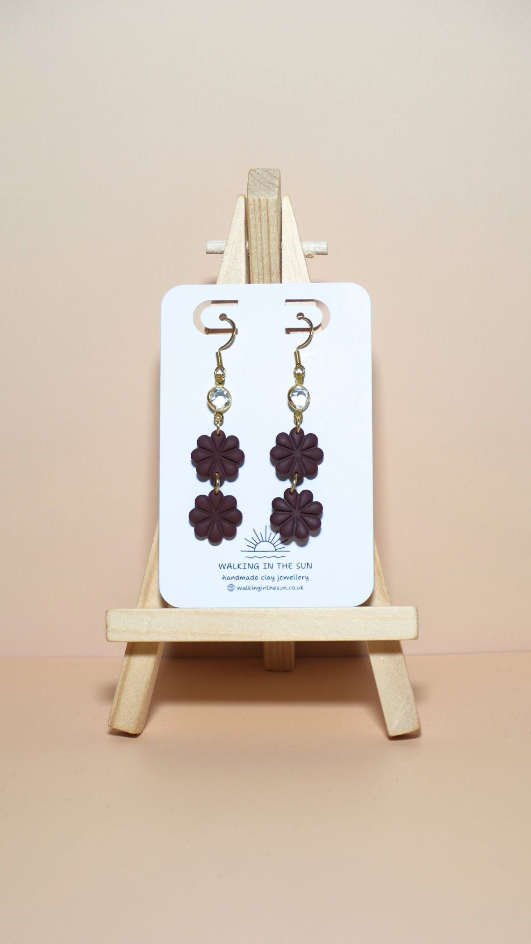 Handmade petite flower stack with gem polymer clay earrings in wine red