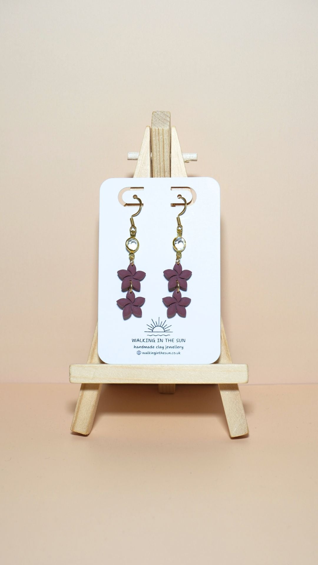 Handmade statement flower stack with gem polymer clay earrings in berry red