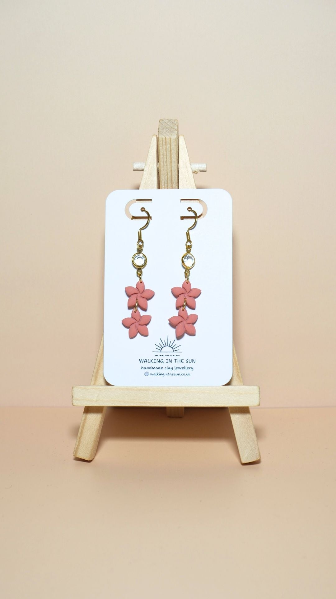 Handmade statement flower stack with gem polymer clay earrings in coral pink