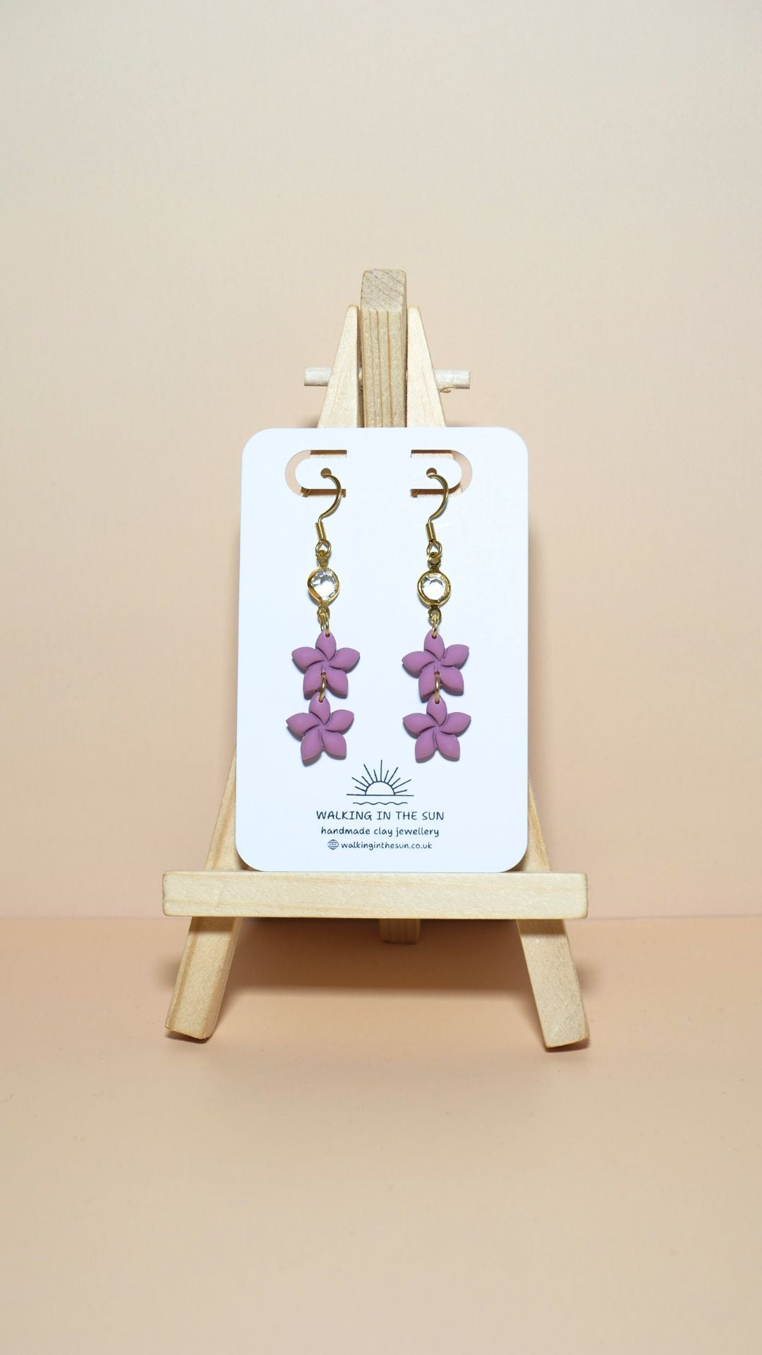 Handmade statement flower stack with gem polymer clay earrings in magnolia pink