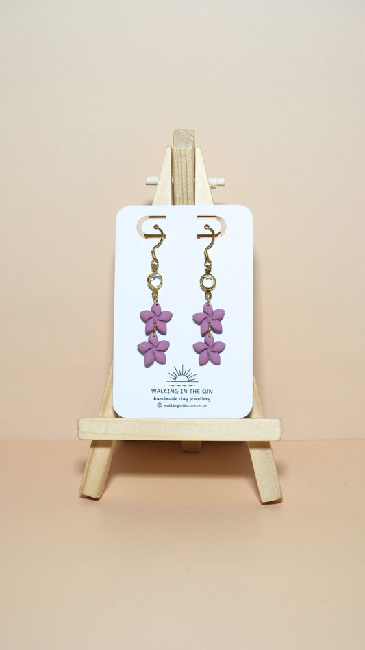 Handmade statement flower stack with gem polymer clay earrings in magnolia pink
