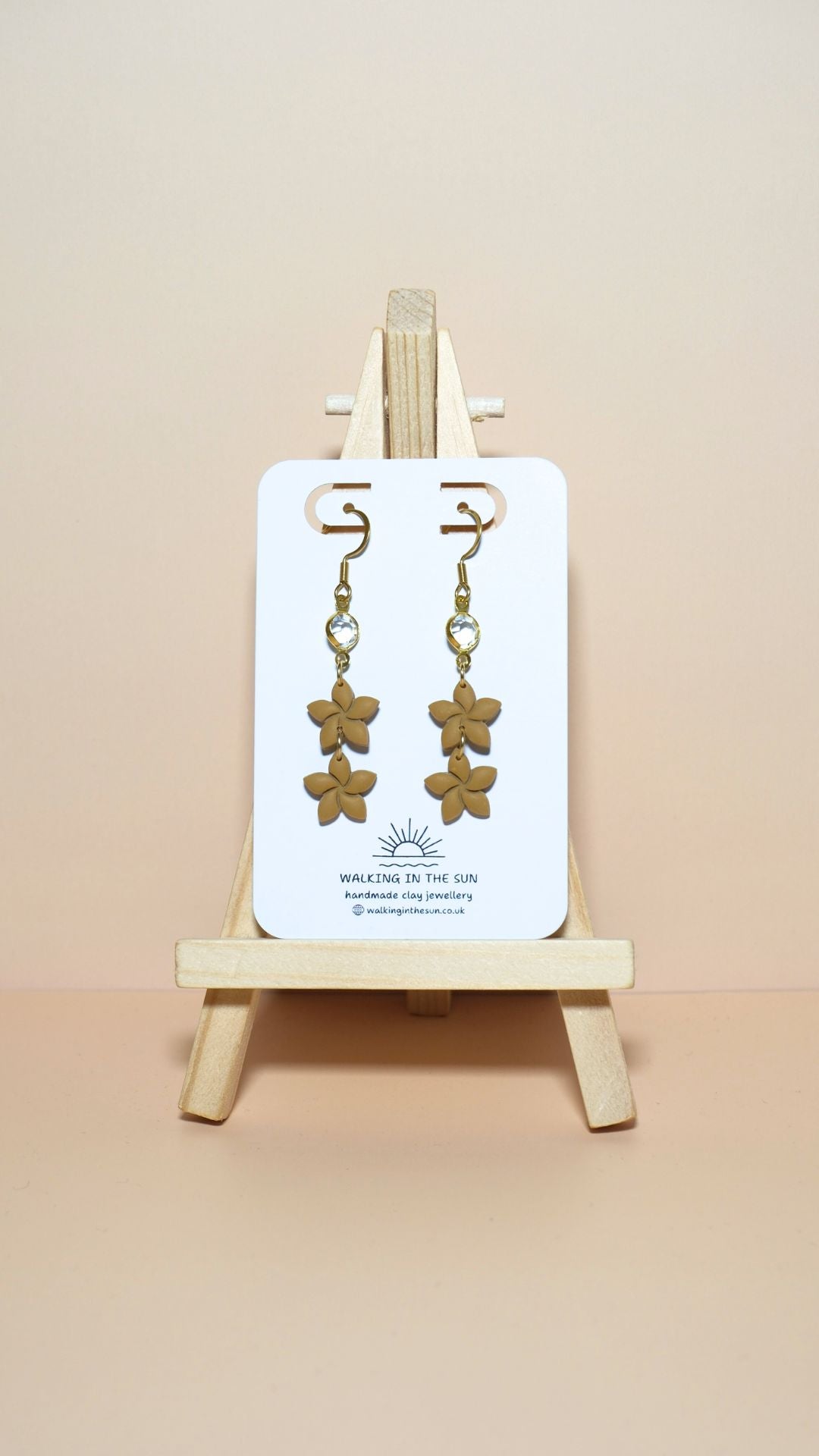Handmade statement flower stack with gem polymer clay earrings in mustard yellow