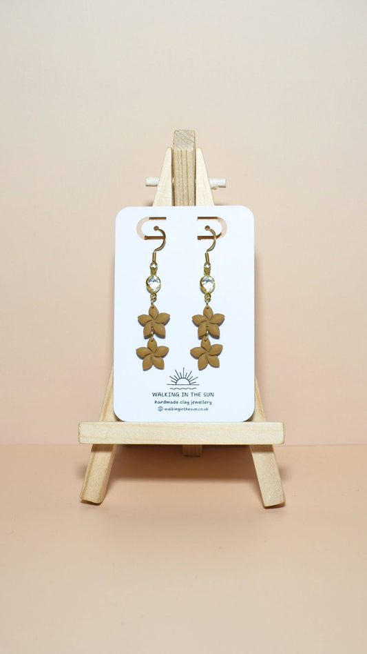 Handmade statement flower stack with gem polymer clay earrings in mustard yellow