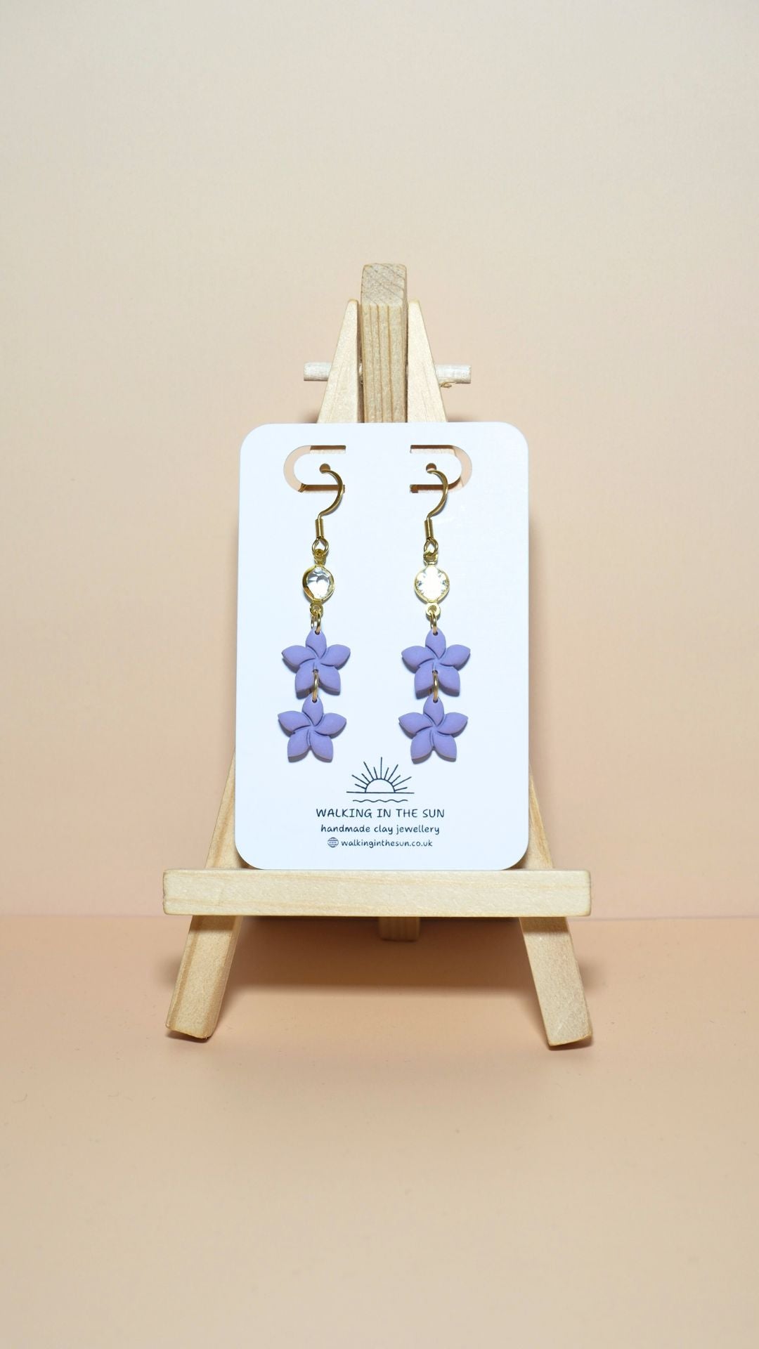 Handmade statement flower stack with gem polymer clay earrings in orchid lilac