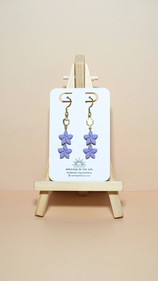 Handmade statement flower stack with gem polymer clay earrings in orchid lilac