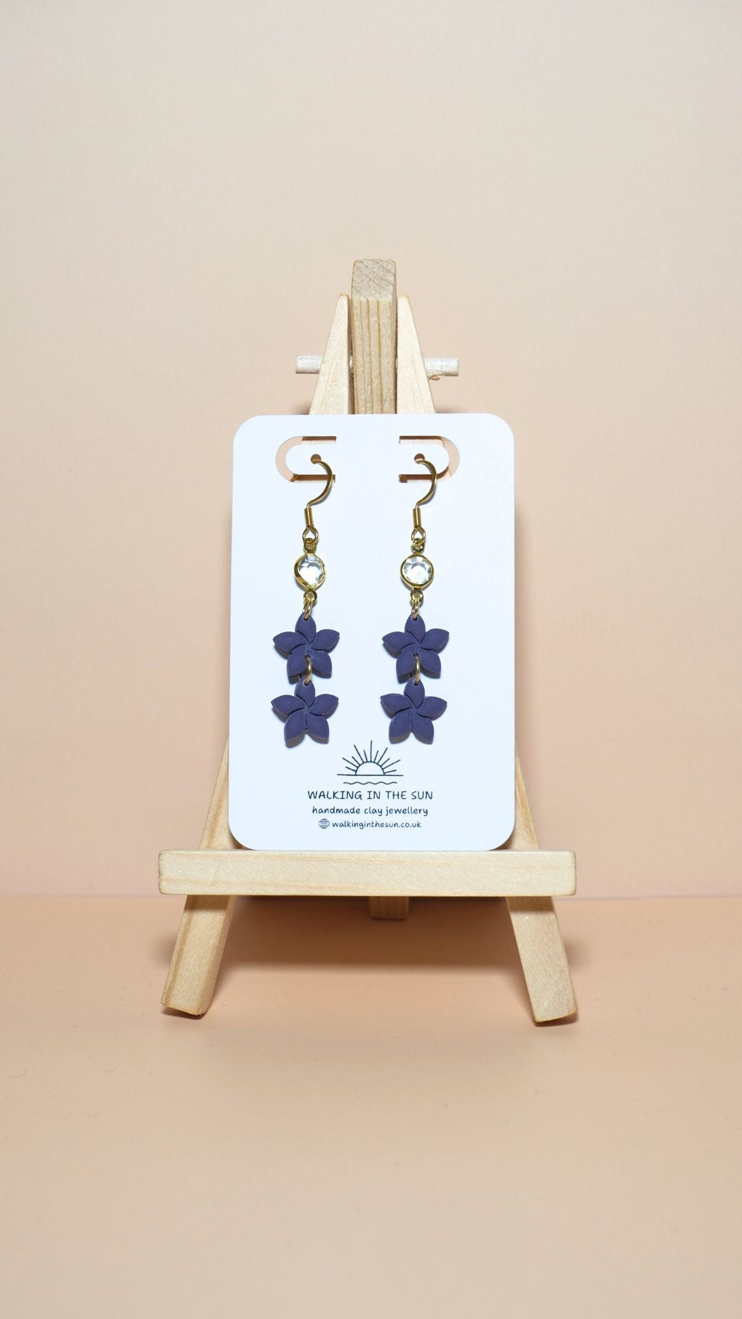 Handmade statement flower stack with gem polymer clay earrings in plum purple