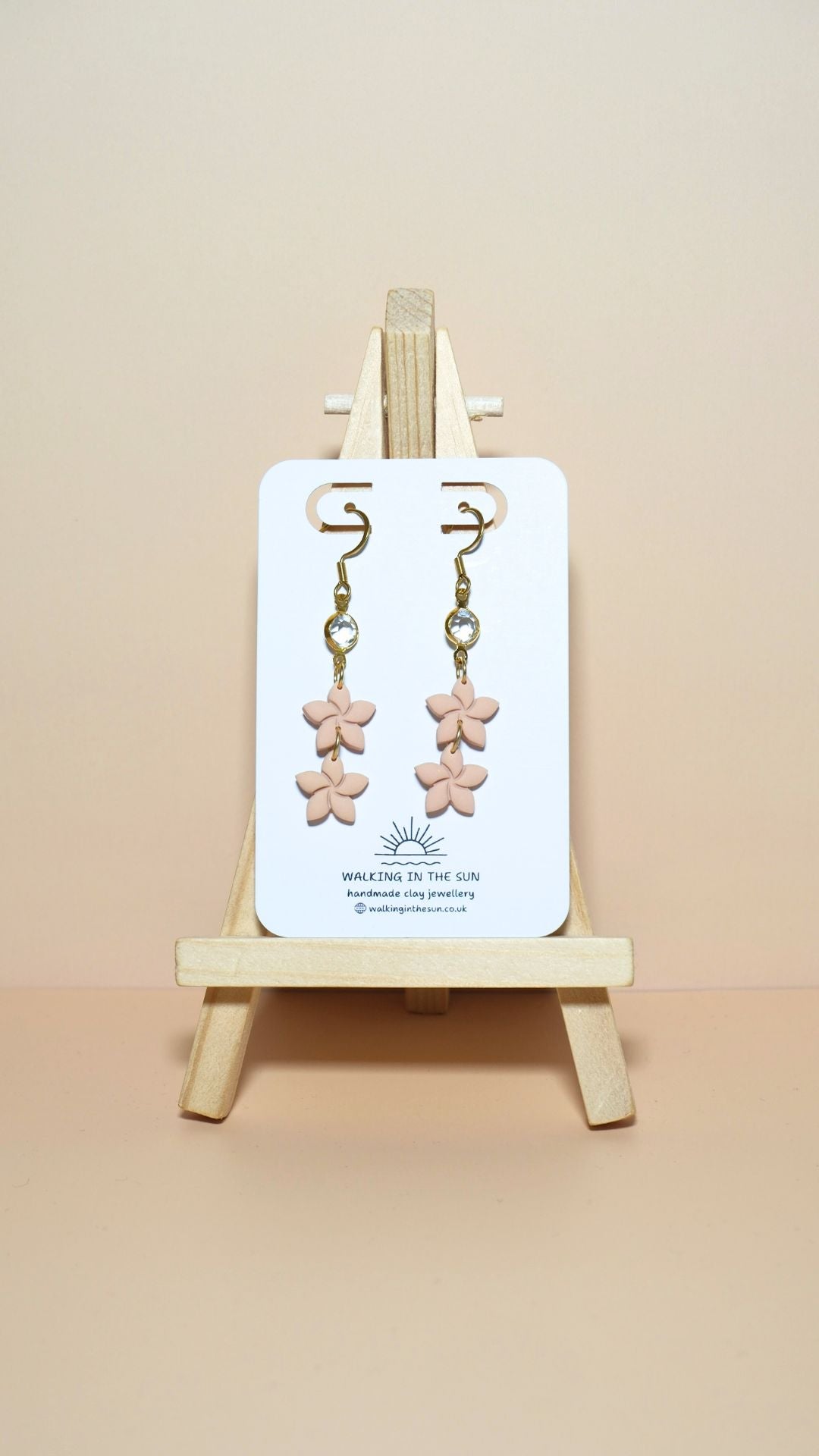 Handmade statement flower stack with gem polymer clay earrings in sandy beige
