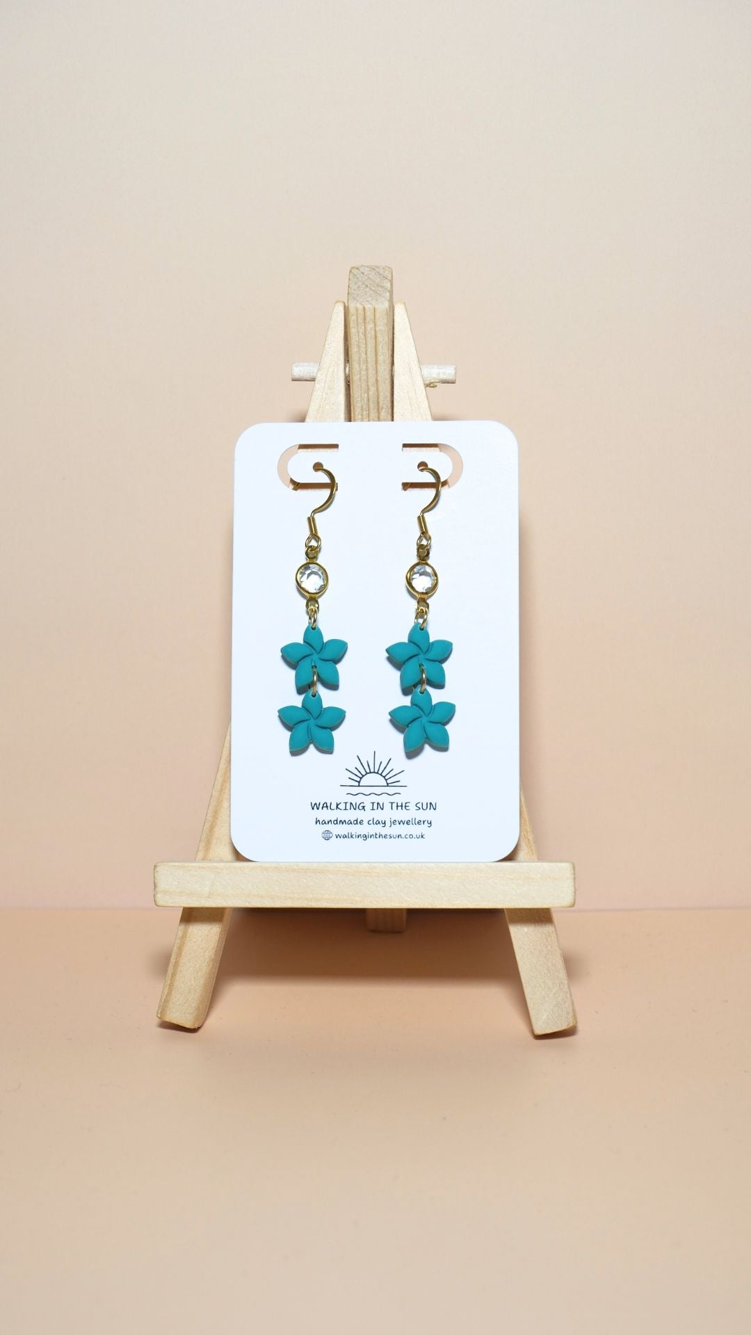 Handmade statement flower stack with gem polymer clay earrings in sea blue